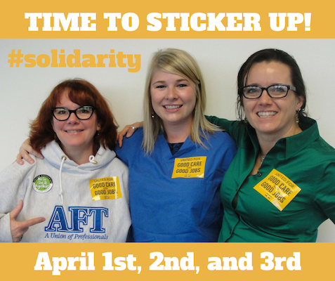 Members show solidarity by wearing United for Good Care stickers